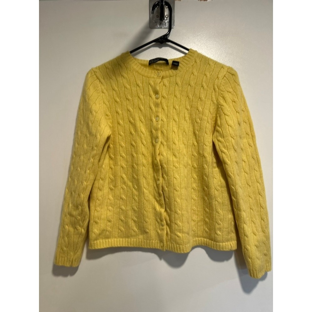 Lord & Taylor Cardigan SzXL Preppy Yellow Cable Knit Cashmere minimalist Sweater